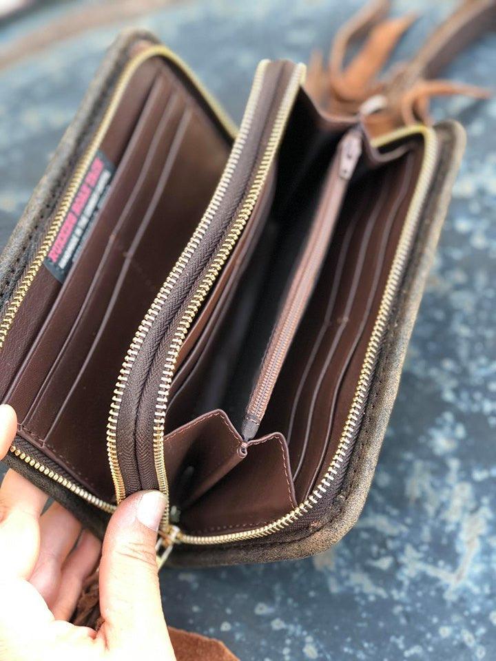 "The Pecos" Black Leather Double Zip Wallet Wristlet Organizer Clutch with Condensed White Wool, Wristlet Strap and Tassel Pecos10052026-02