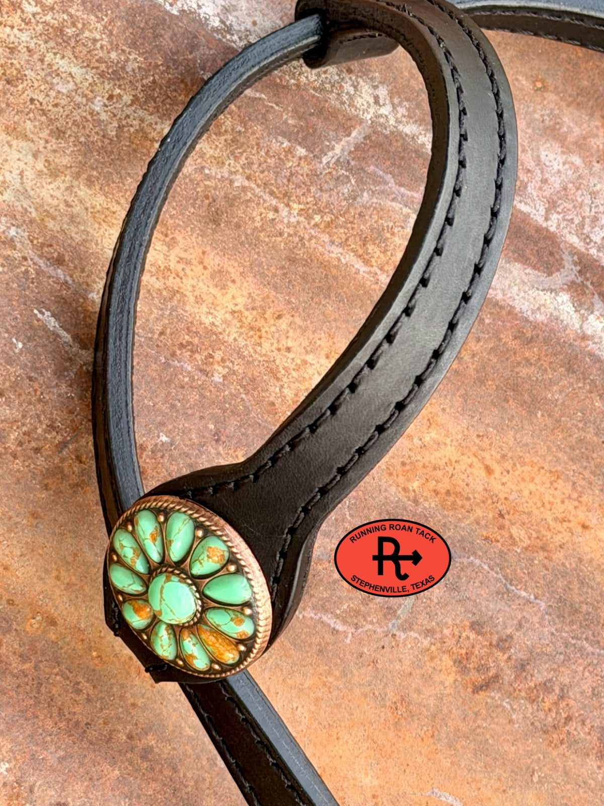 Black Single Ear Single Buckle Headstall with Quick Change Pineapple Knots and Minty Green Cabochon Hardware 38”-43” Headstall10052026-22