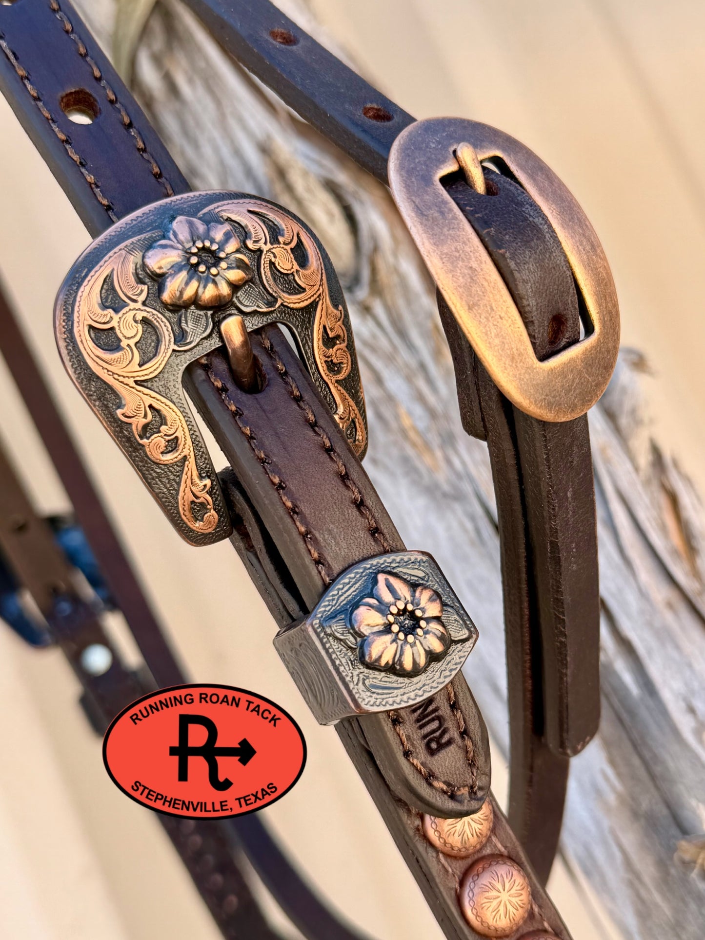 Chocolate Short Cheek Futurity Knot Browband Headstall with Quick Change Pineapple Knots and Copper Flower Hardware 29”-37” Headstall09072026-10
