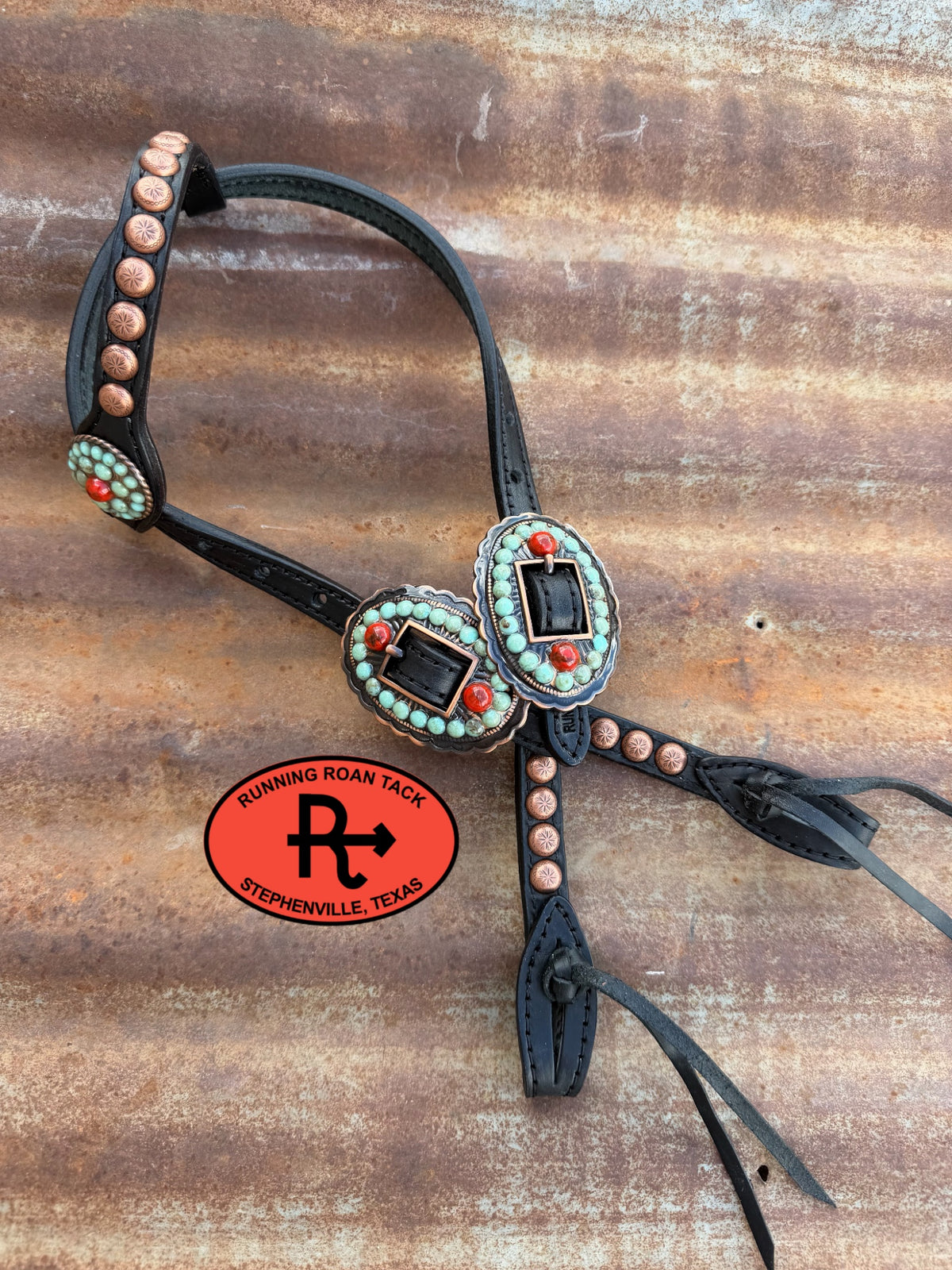 Black Short Cheek Headstall with Quick Change Pineapple Knots and Turquoise and Coral Hardware 29”-37” Headstall09072026-08
