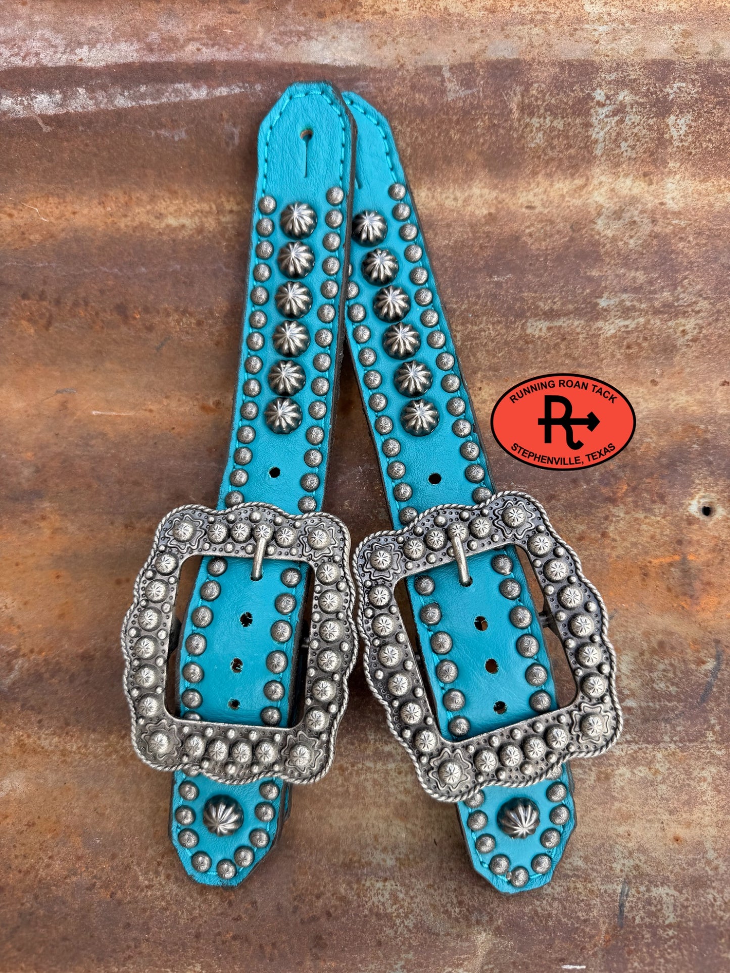 Turquoise Studded Belt Style Spur Straps with Antique Silver Buckles spurstraps08032026-22