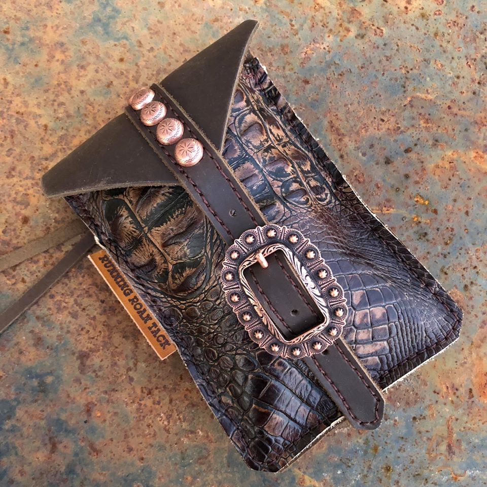 Dark Brown Croc Mini Saddle Bag with Your Choice of Buckle and Fringe for Phone, Keys, Roping Powder, etc
