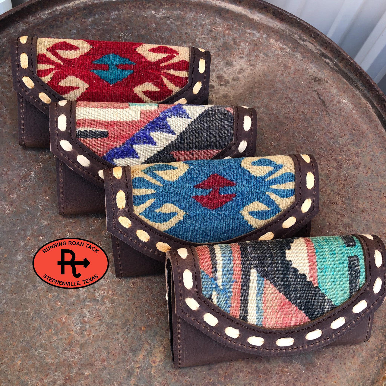 Vintage Handwoven Kilim Inlaid Trifold Wallet with Pop Stitch