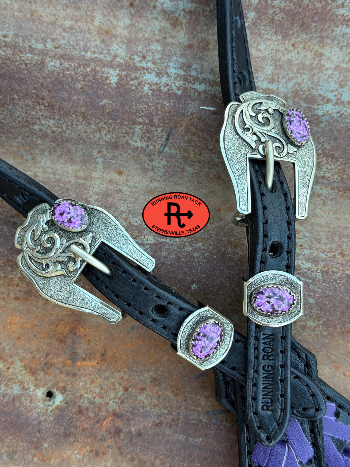 Black Short Cheek Headstall with Purple Lacing and German Silver Purple Cabochon Hardware 29”-37” Headstall10052026-07