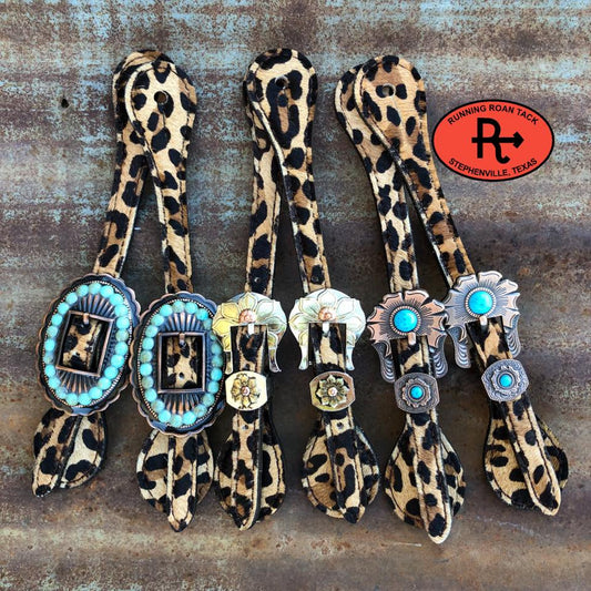 Leopard Print Hair On Cowhide Spur Straps with Your Choice of Buckles