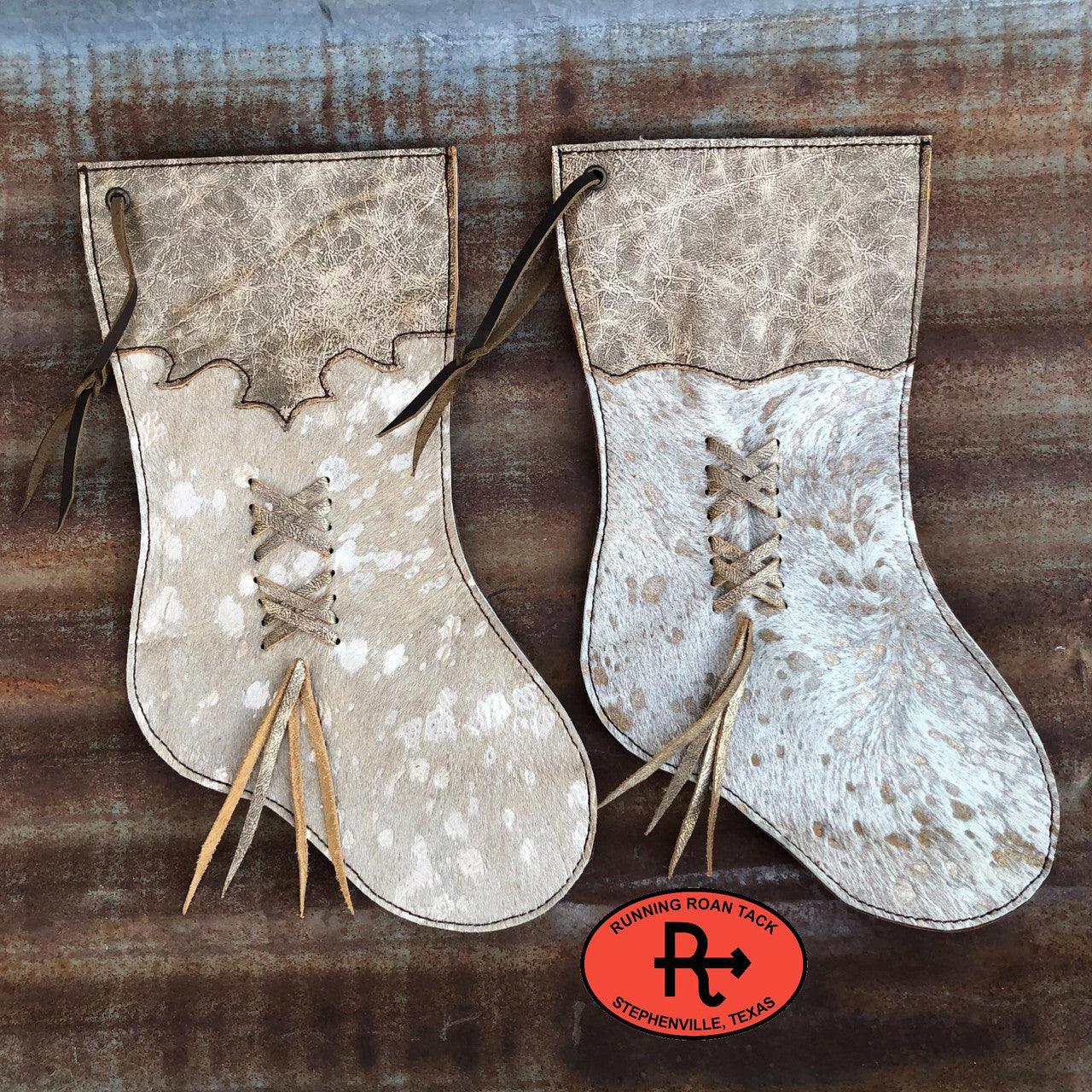 Pair of Metallic Champagne Acid Wash Cowhide Christmas Stocking with Metallic Gold Trim and Lacing