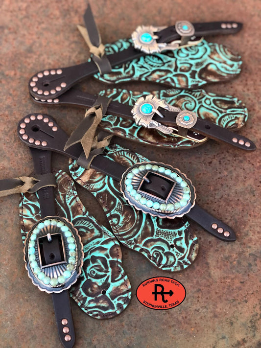 Turquoise Floral Buckaroo Spur Straps with Your Choice of Buckles