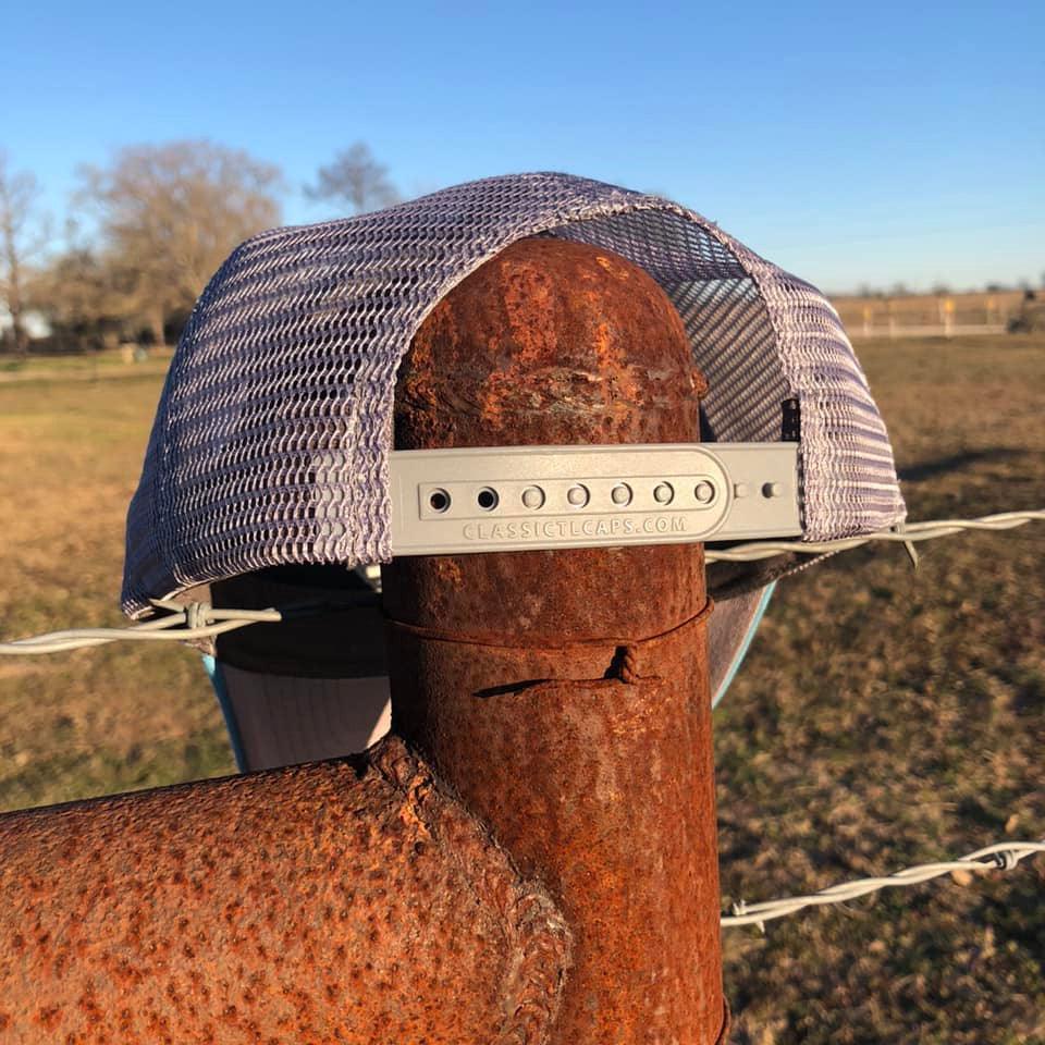 Blue and Grey Hat with Running Roan Logo on Leatherette Patch