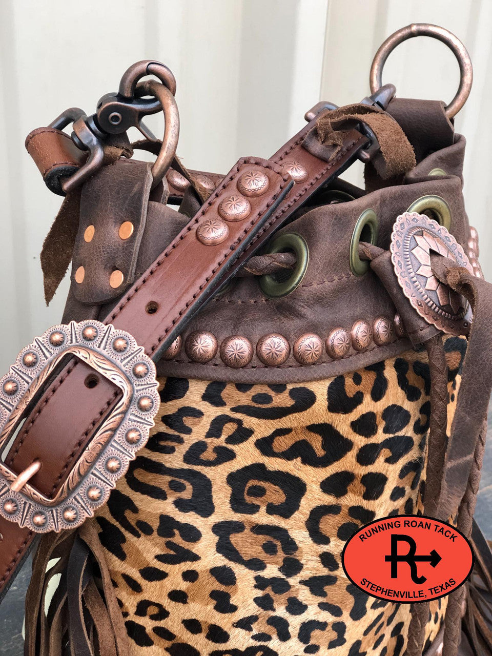 "The Bolo" Cross Body Bucket Handbag in Spotted Hair on Leopard Print Cowhide