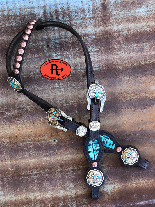 Bright Turquoise Croc Single Ear Short Cheek Headstall with Your Choice of Hardware