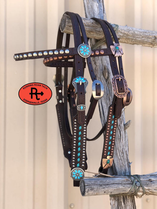Turquoise Buckstitch Browband Standard Sized Headstall with Your Choice of Hardware