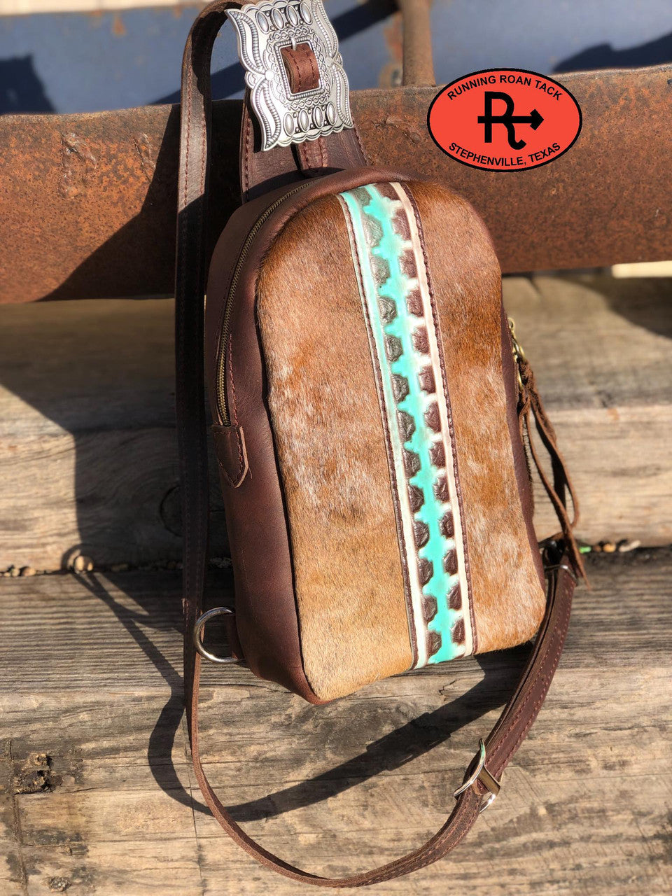 Cibolo Cross Body Slingbag Hair on Cowhide with Aztec Accent