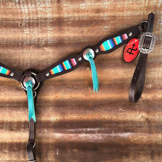 Serape Printed Leather Breast Collar with Slotted Conchos and Turquoise Ties