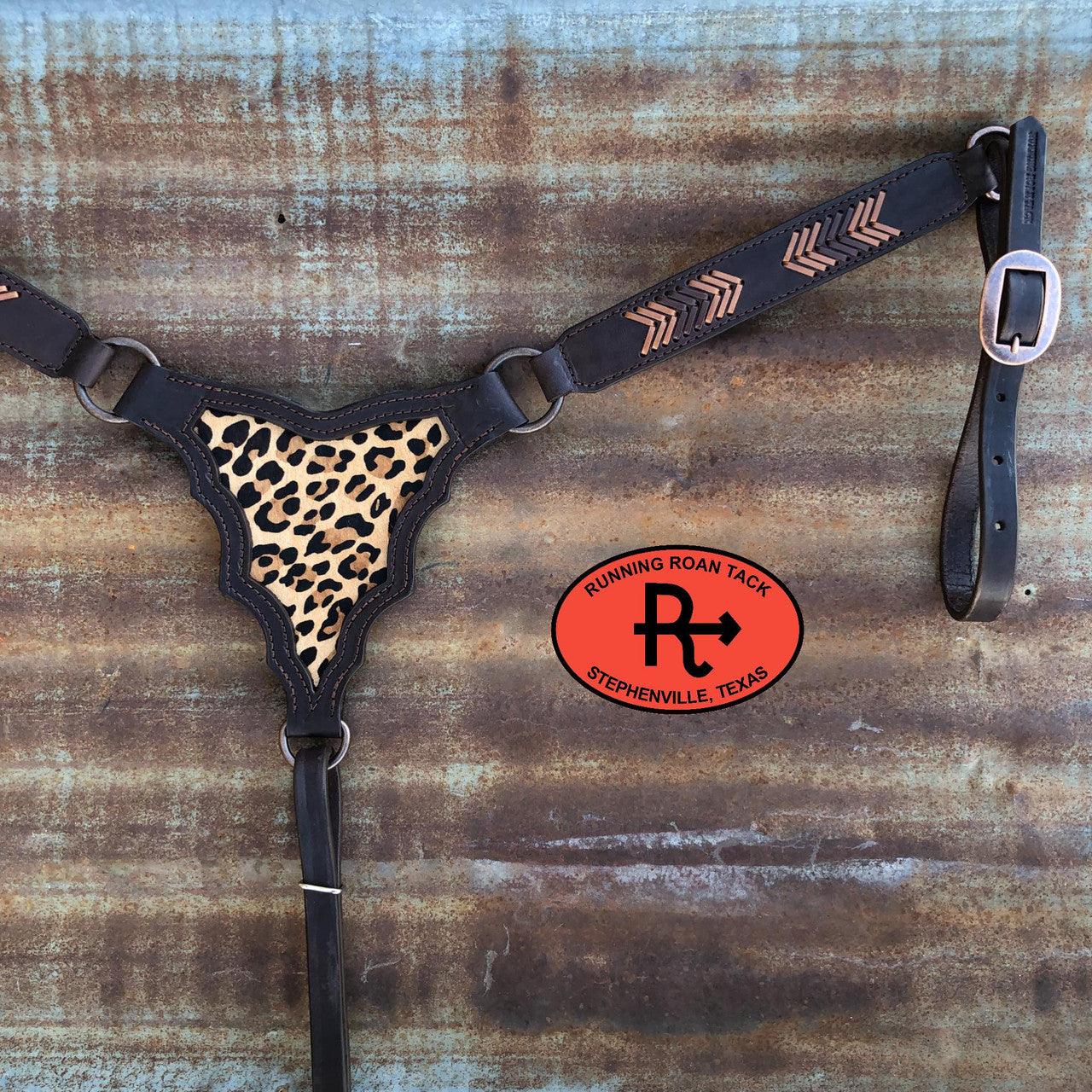 Palomo Breast Collar with Inlaid Leopard Hair On Cowhide and Arrow Lacing