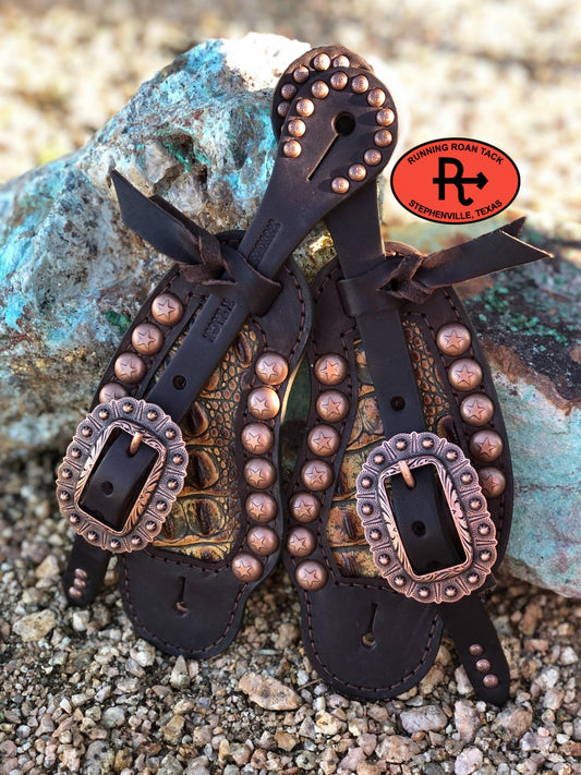 Sepia Croc Inlaid Buckaroo Spur Straps with Star Dots