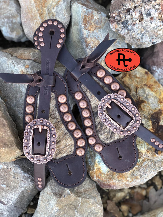 Brindle Hair on Cowhide Inlaid Buckaroo Spur Straps with Star Dots 2