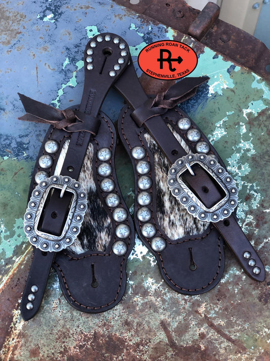 Brindle Hair on Cowhide Inlaid Buckaroo Spur Straps with Star Dots