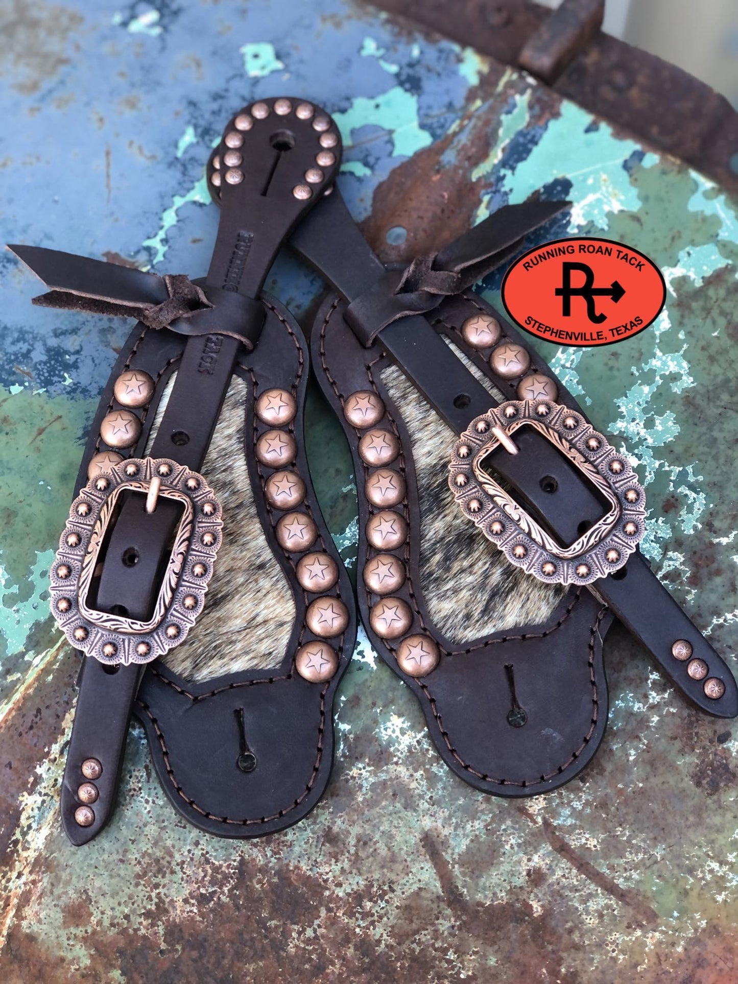 Brindle Hair on Cowhide Inlaid Buckaroo Spur Straps with Star Dots 2
