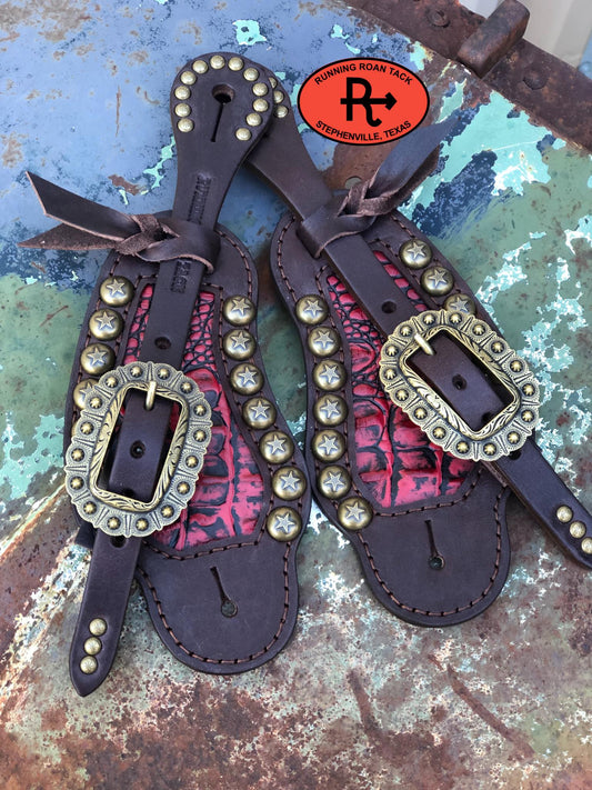Red Croc Inlaid Buckaroo Spur Straps with Star Dots