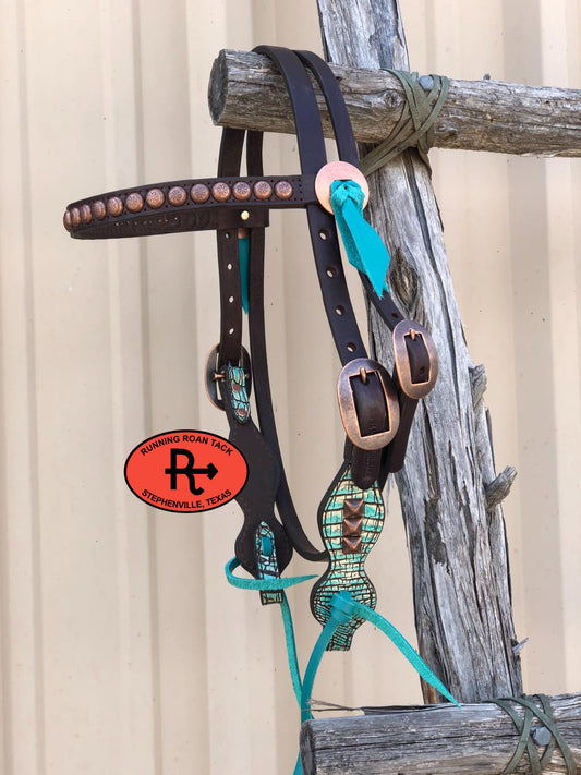 Turquoise Croc Browband Short Cheek Headstall with Pyramid Studs