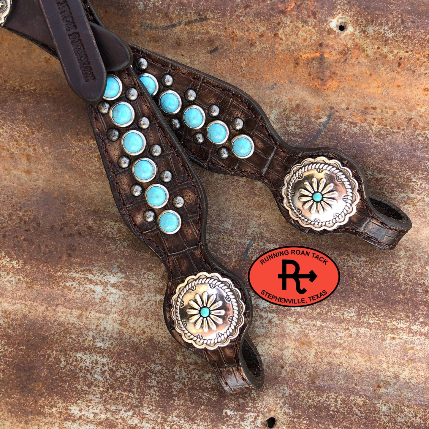 Dark Brown Croc Single Ear Standard Size Headstall with Faux Turquoise Stones