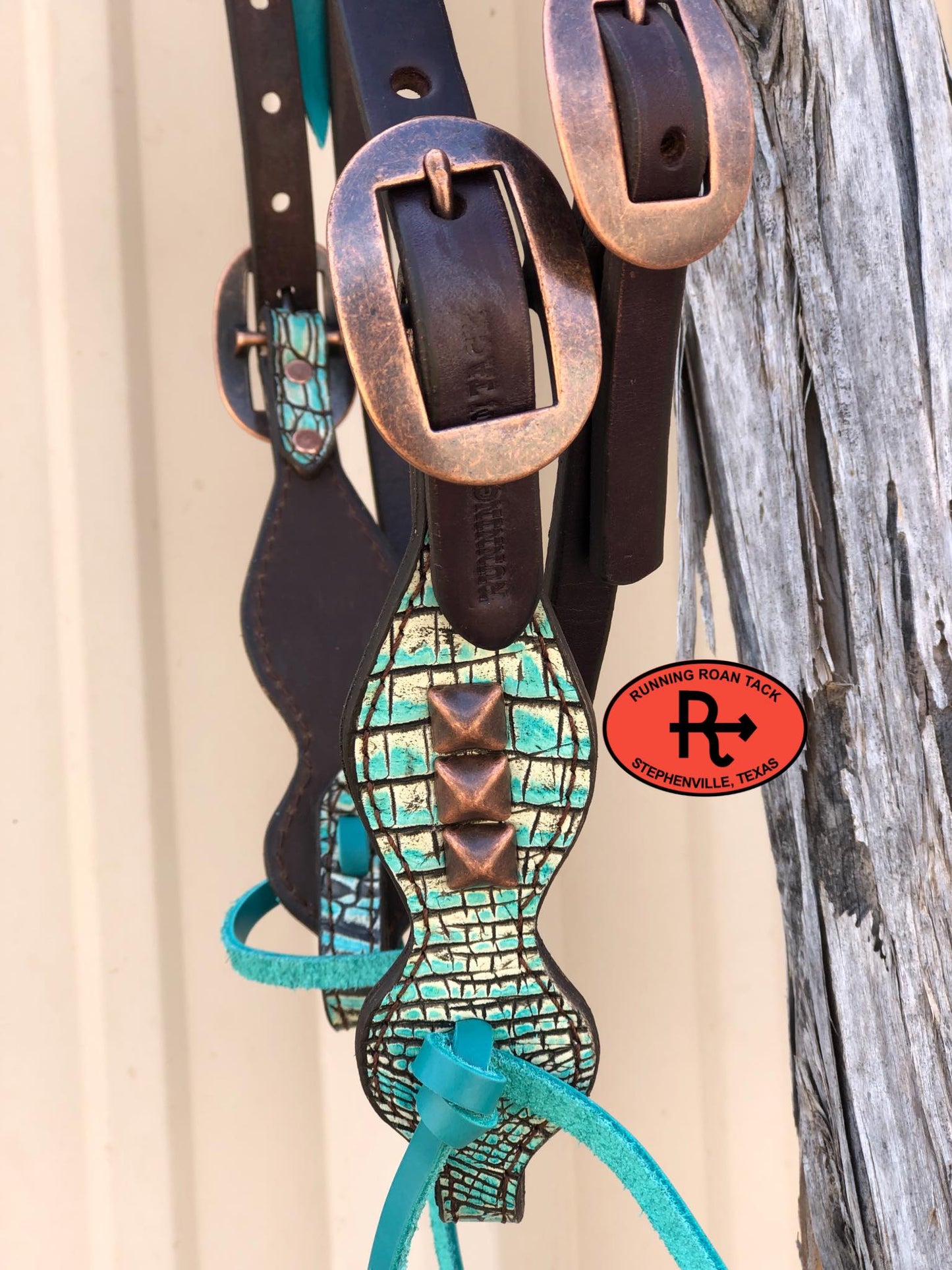 Turquoise Croc Browband Short Cheek Headstall with Pyramid Studs