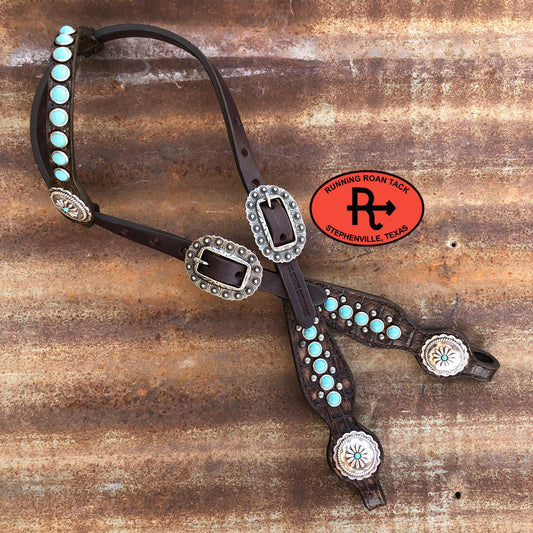 Dark Brown Croc Single Ear Standard Size Headstall with Faux Turquoise Stones