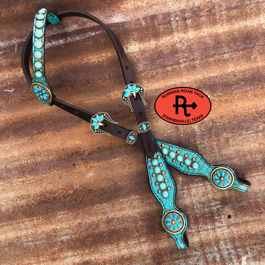 Turquoise Croc Single Ear Standard Size Headstall with Faux Turquoise Stones