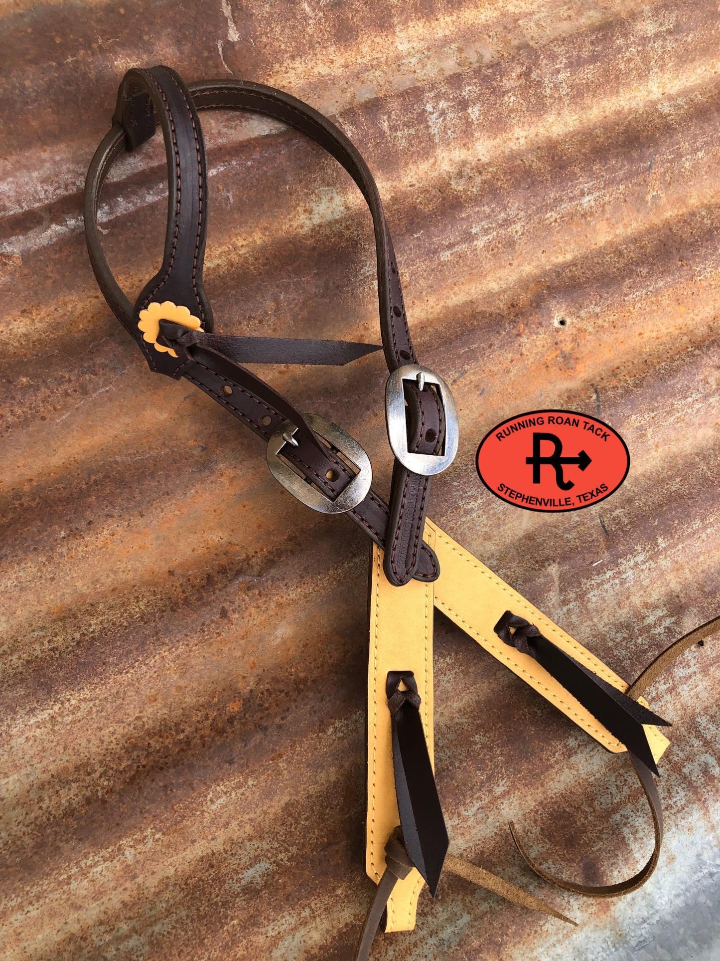 Buckskin Single Ear Headstall with Antique Silver Buckles and Chocolate Ties 36"-43"