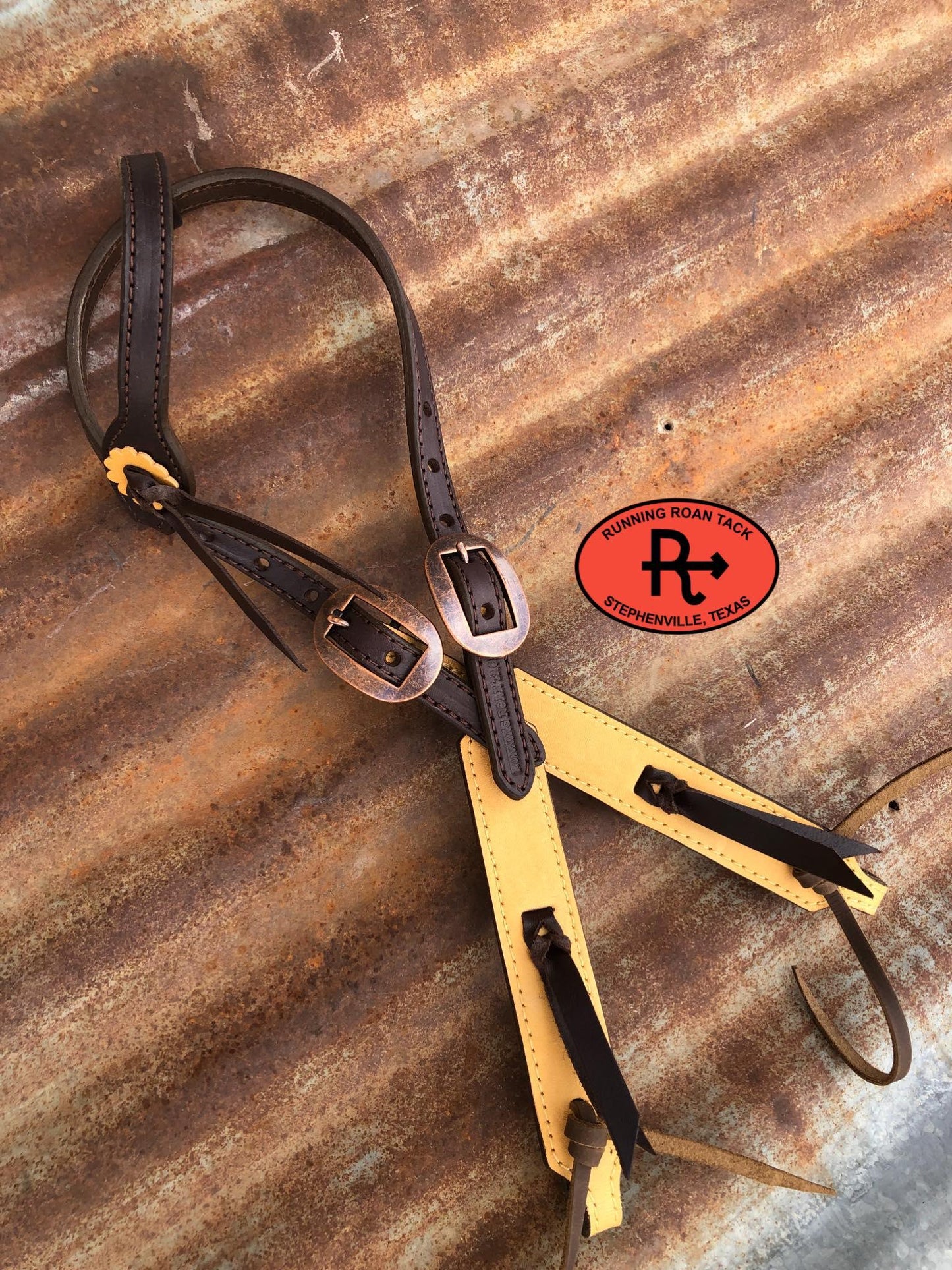 Buckskin Single Ear Headstall with Copper Buckles and Chocolate Ties 36"-43"