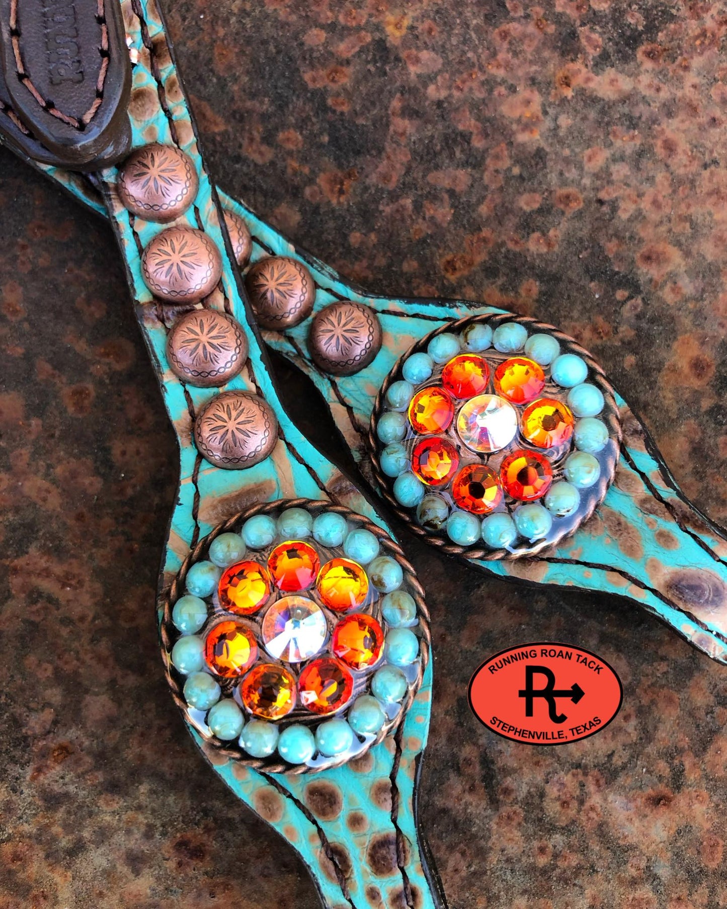 Mint Croc Short Gag Headstall with Fire Opal, Turquoise and AB Bling 29"-37"