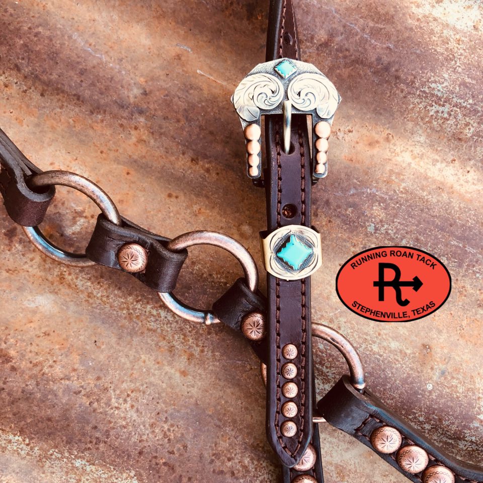 Double Ear Ring Headstall with Copper Dots and German Silver Feather Hardware 37"-41"