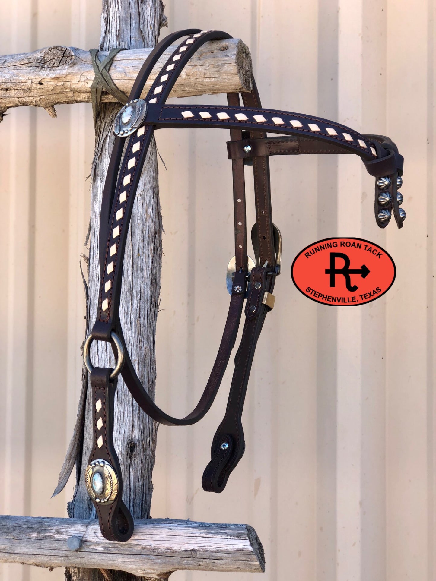 Futurity Knot Browband Ring Headstall with White Buckstitch and German Silver Feather Hardware 38"-42"
