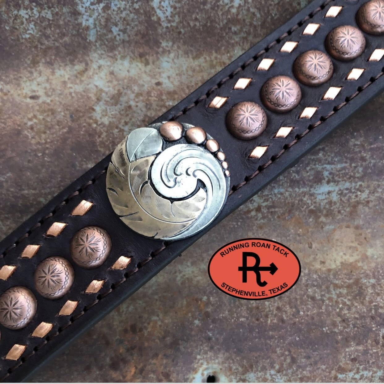 Breast Collar with Feather German Silver Hardware and Copper Buckstitching and Dots