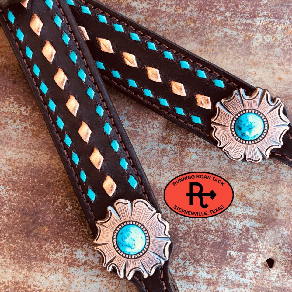 Single Ear Headstall with Turquoise and Copper Buckstitch and Floral Hardware 36" -43"
