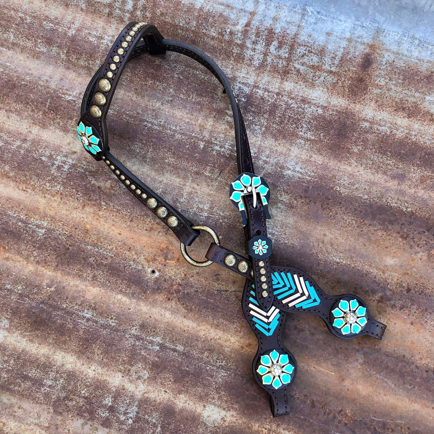 Single Ear Ring Headstall with Turquoise and Metallic Gold Lacing and German Silver Brass Flowers 35"-39"