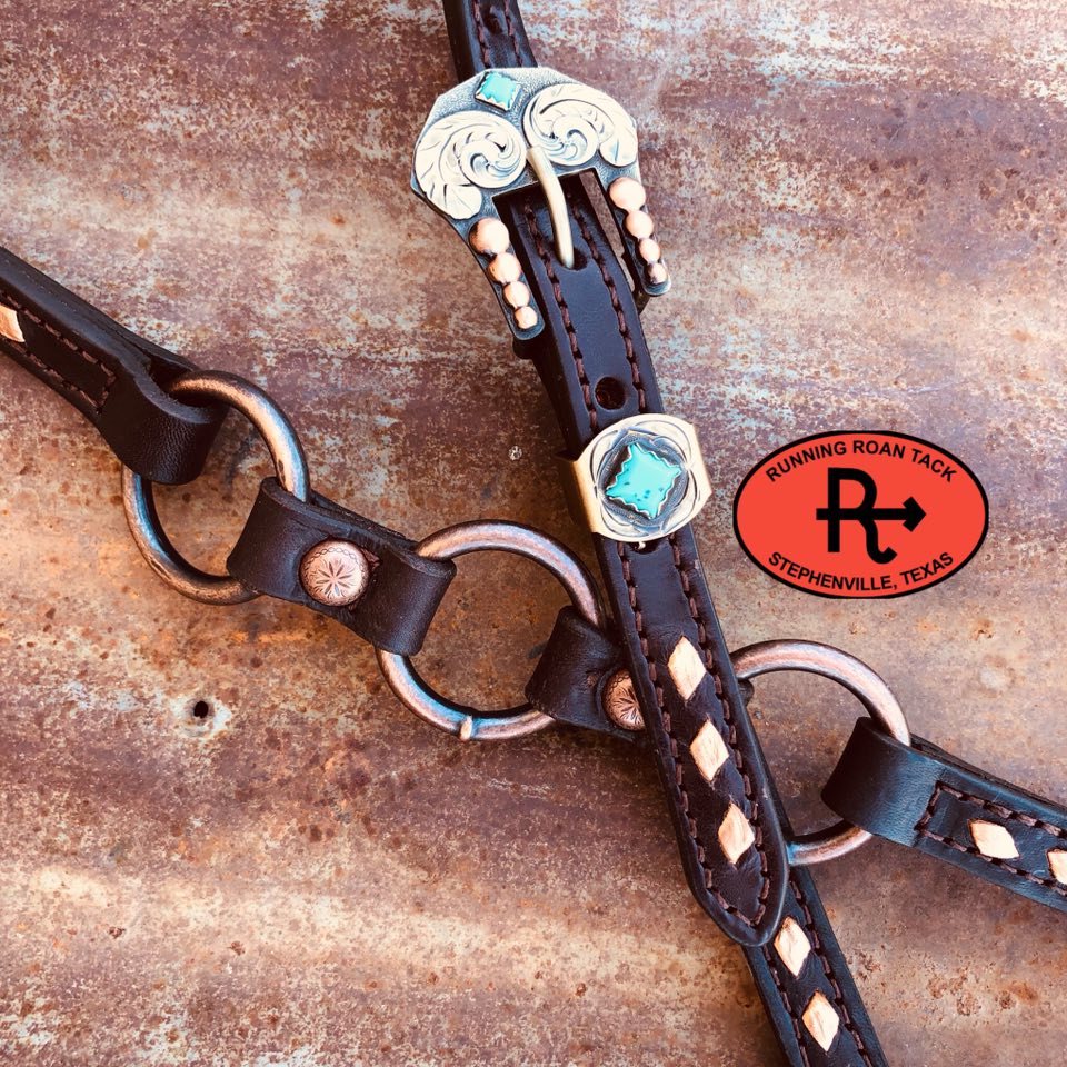 Double Ear Ring Headstall with Copper Buckstitch and German Silver Feather Hardware 39"-43"