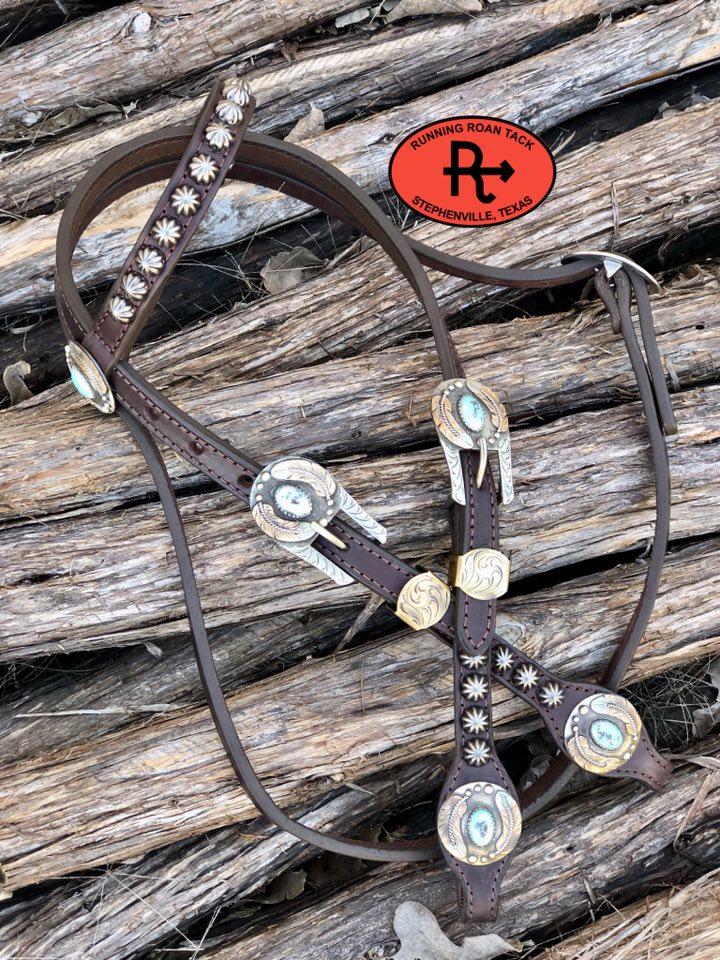 Single Ear Headstall with Throatlatch and German Silver Feathers and Turquoise Hardware 29"-37" (9)