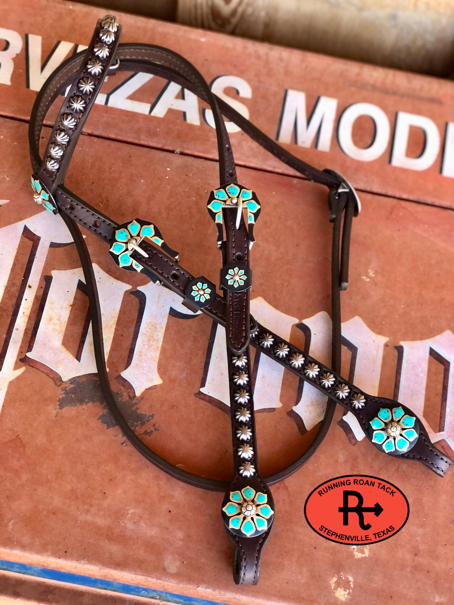 Single Ear Headstall with Throatlatch and German Silver Turquoise Flower Hardware 36"-43" (12)