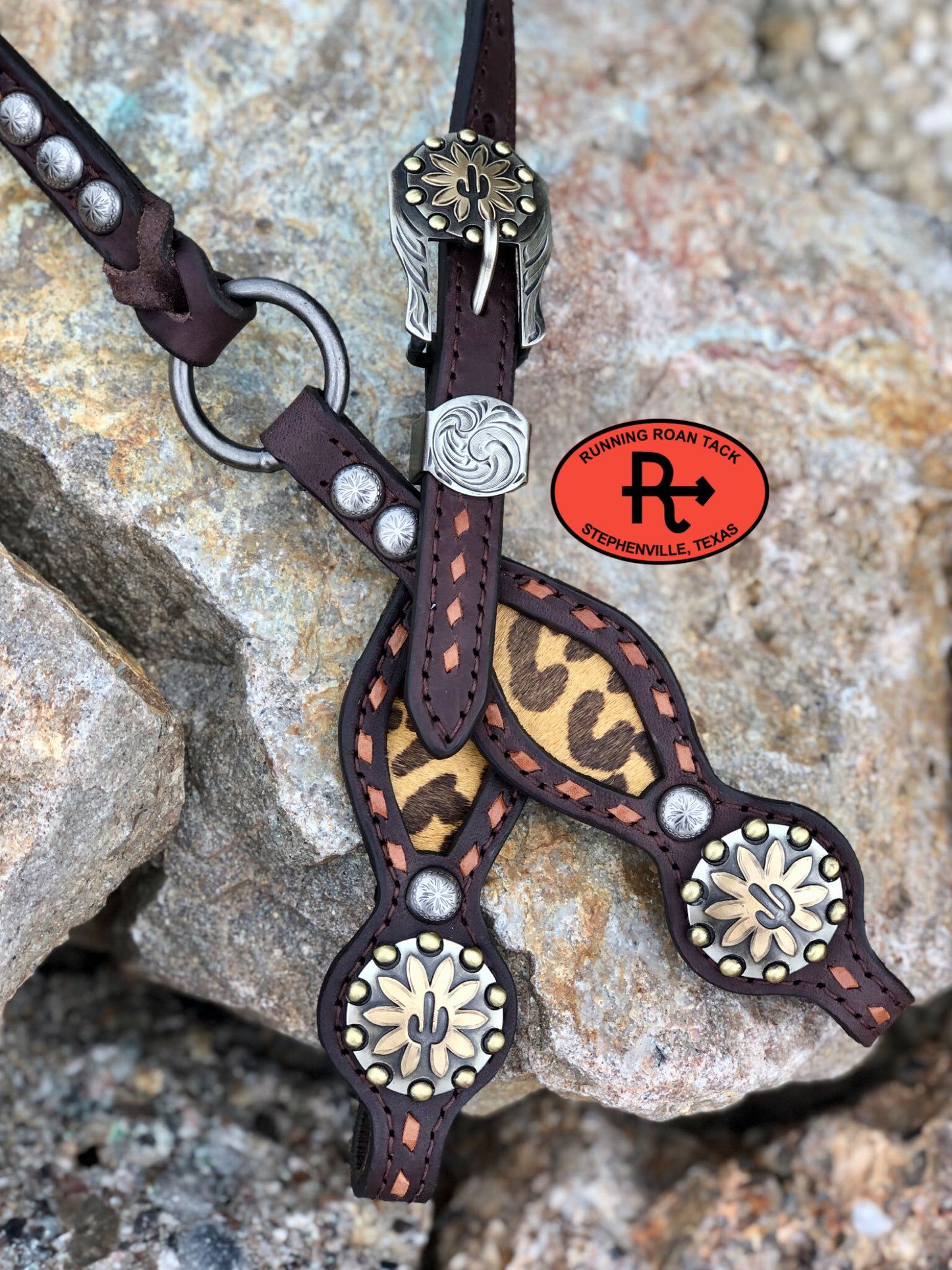 Inlaid Mustard Leopard Headstall with Brown Buckstitch and German Silver Hardware 38"-42" Headstall09012025-07
