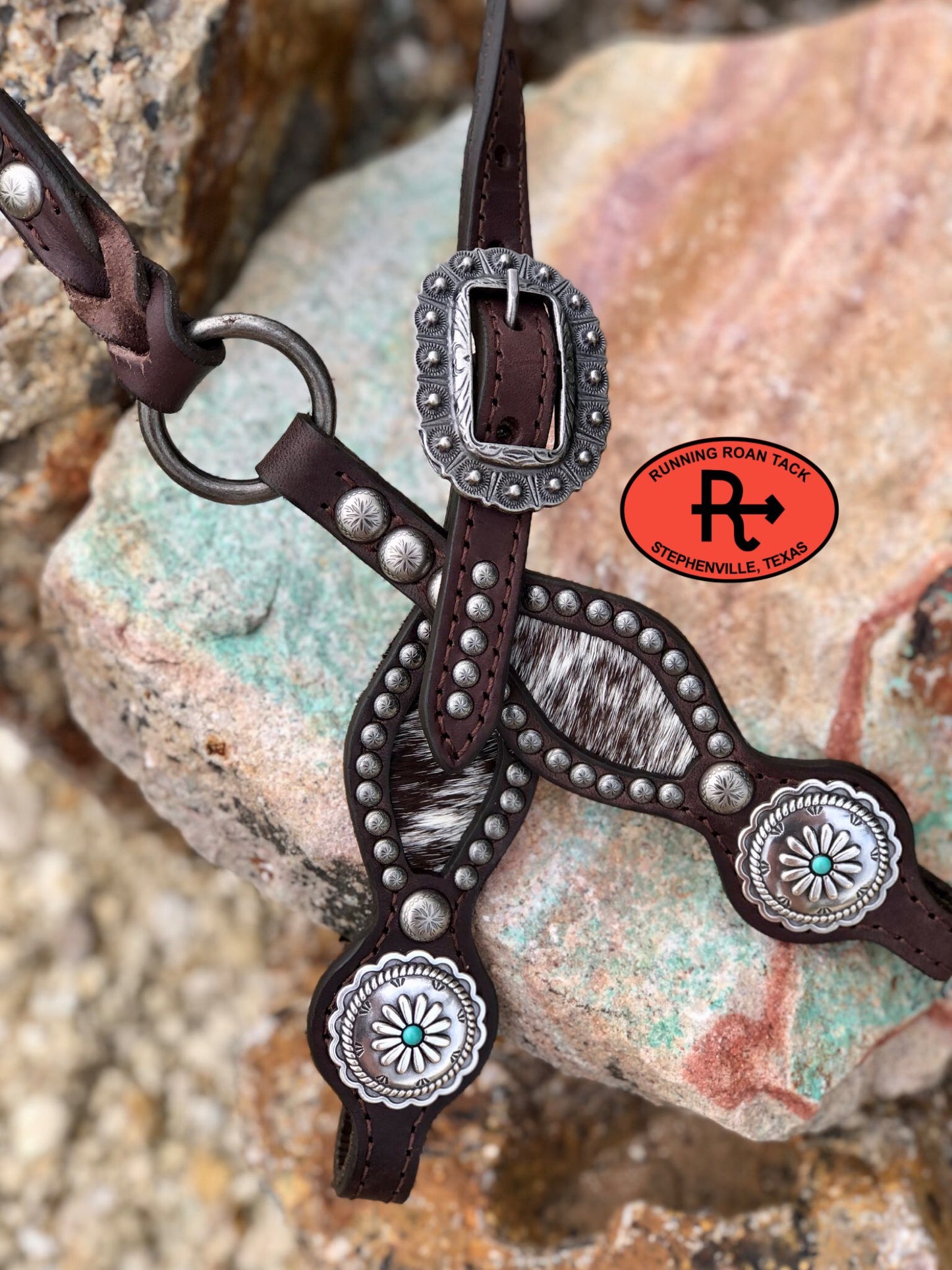 Inlaid Cowhide Headstall with Antique Silver Santa Fe Hardware 35"-39" Headstall09012025-09