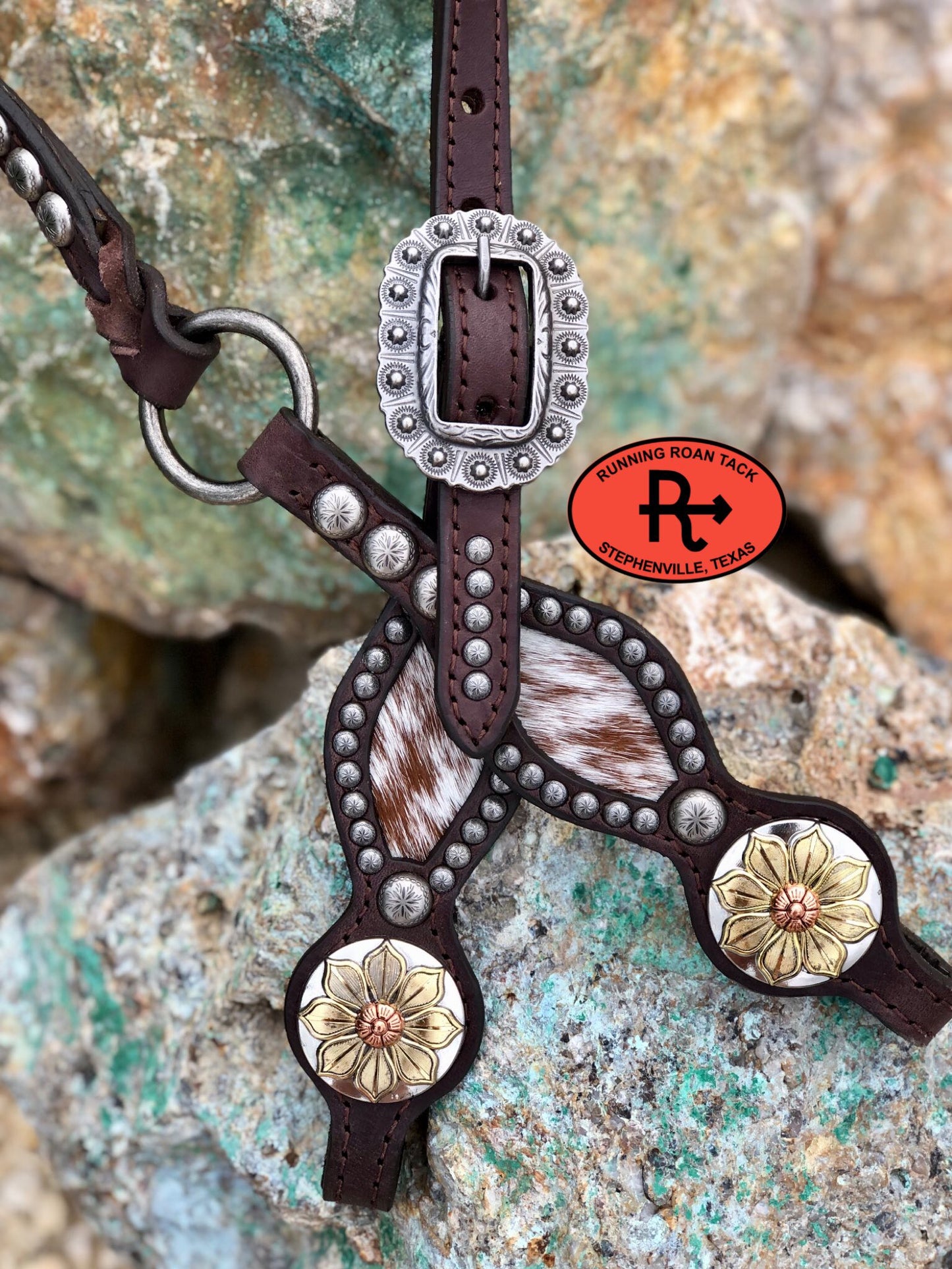 Inlaid Cowhide Headstall with Antique Silver Hardware 38"-42" Headstall09012025-08