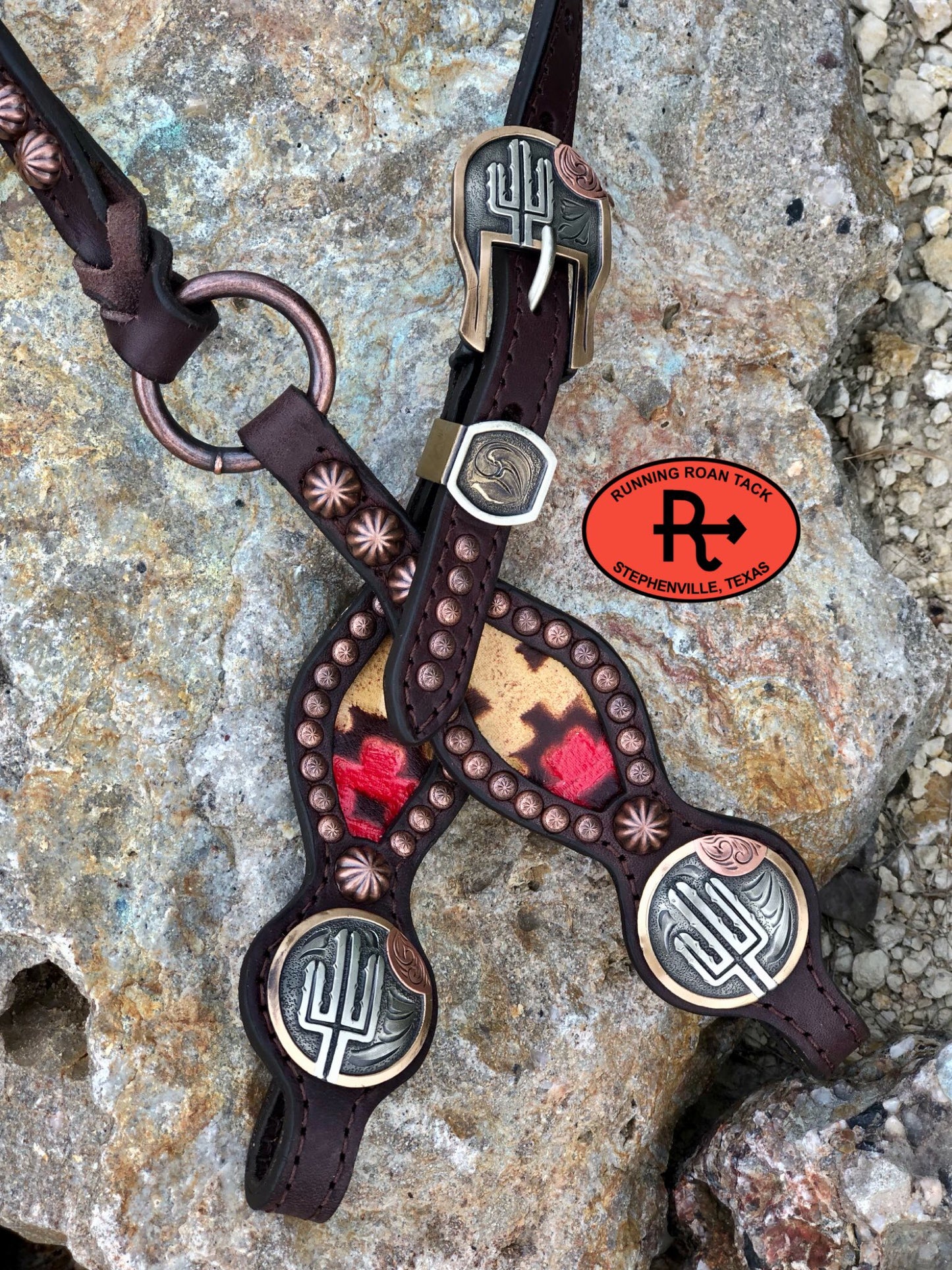 Inlaid Navajo Print Headstall with German Silver Cactus Hardware 34"-38" Headstall09012025-13
