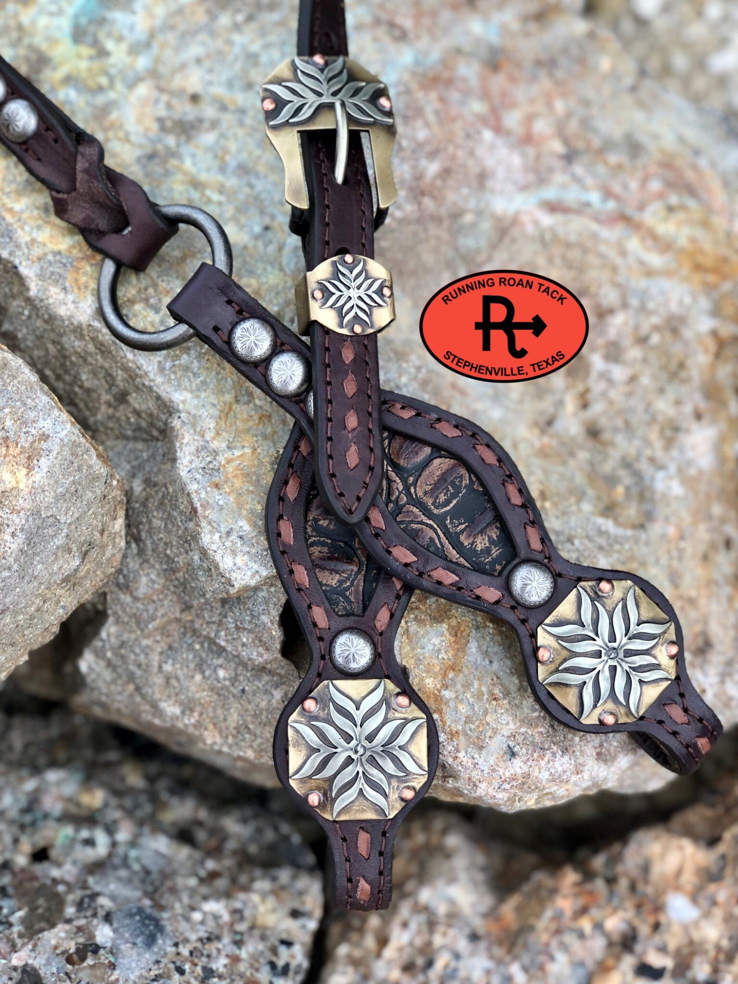 Inlaid Dark Brown Croc Headstall with Brown Buckstitch and German Silver Hardware 37"-41" Headstall09012025-06