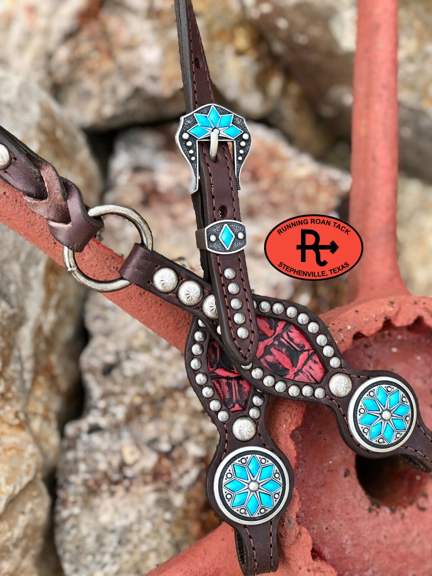 Inlaid Red Croc Headstall with Cactus Flower Hardware 36"-40" Headstall09012025-14