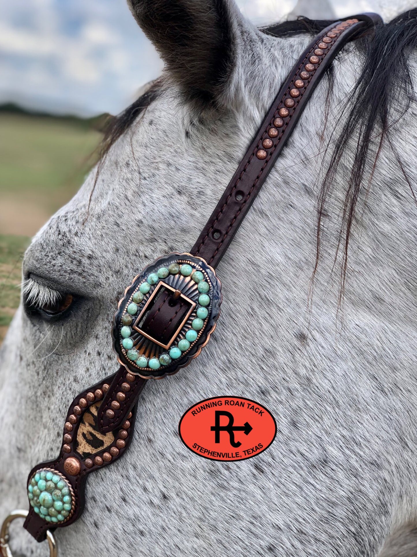 Inlaid Leopard Headstall with Turquoise Stone Hardware 36"-40" Headstall10062025-11
