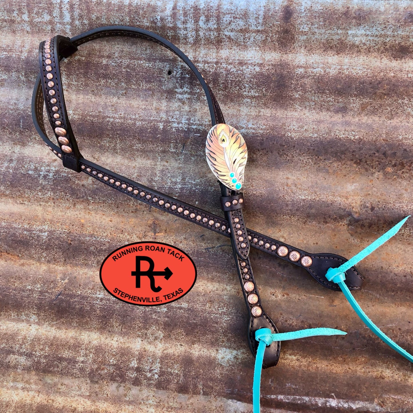 Single Ear Headstall with Copper Dots and Peacock Feather Buckle 37"-41" Headstall10062025-08