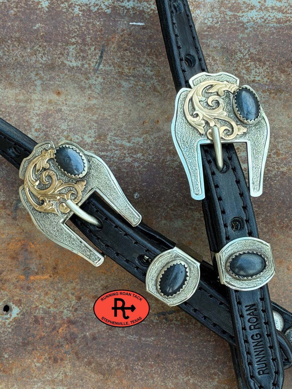 Black Headstall with Quick Change Pineapple Knots and German Silver and Onyx Hardware 36”-43” Headstall10052026-01