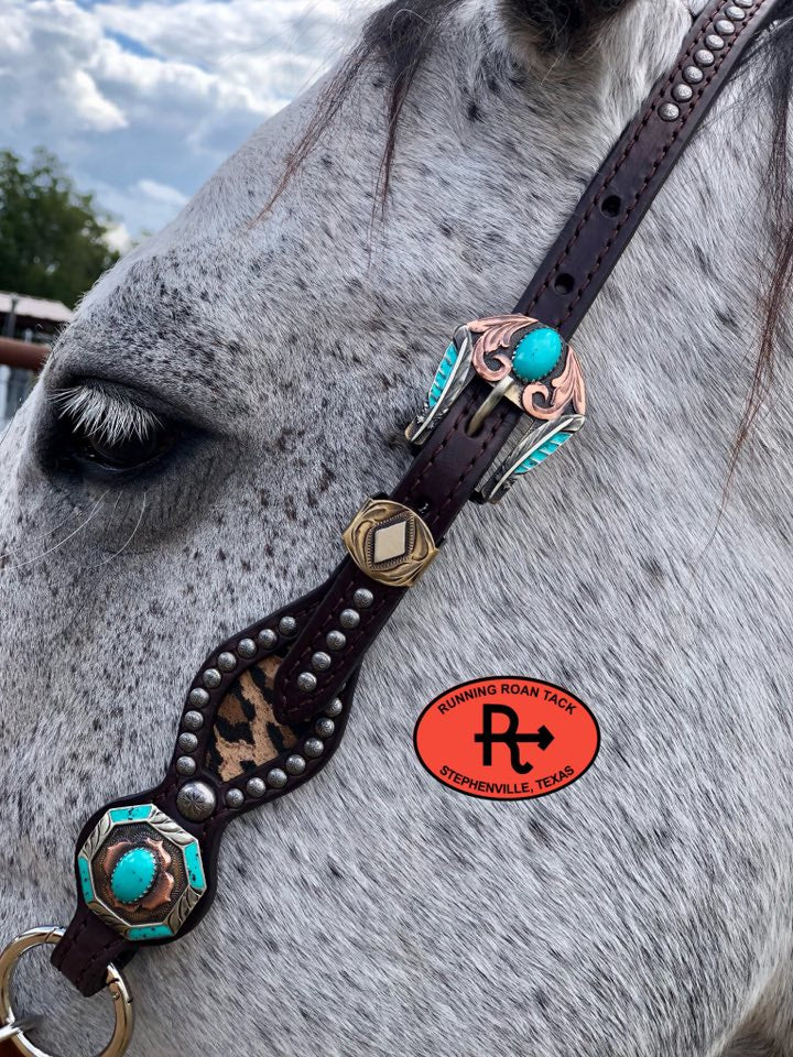 Inlaid Leopard Headstall with German Silver Hardware 34"-38" Headstall10062025-10