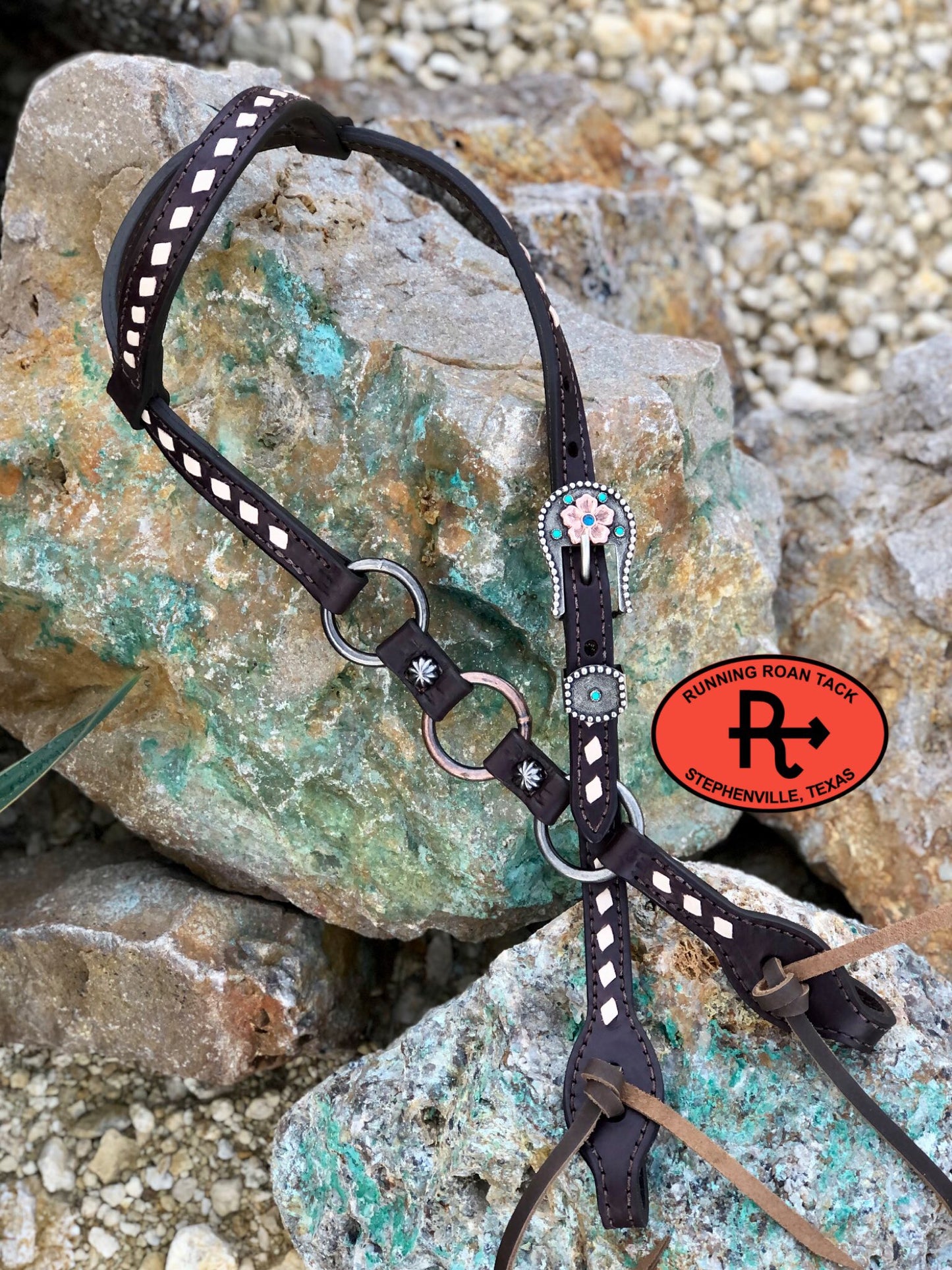 Single Ear Ring Headstall with White Buckstitch and German Silver Buckle 38"-42" Headstall11032025-08